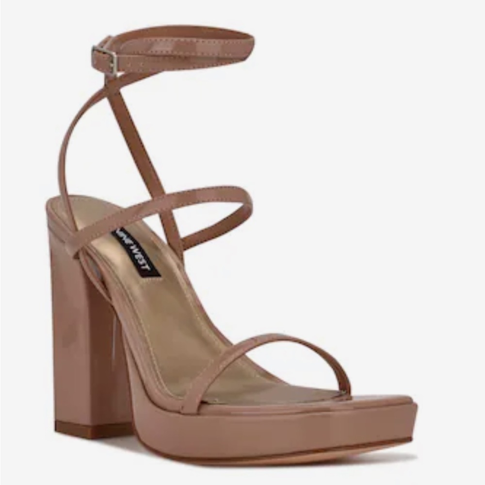 Nine West Patent Platform Strappy Sandal Heels Nude Beige